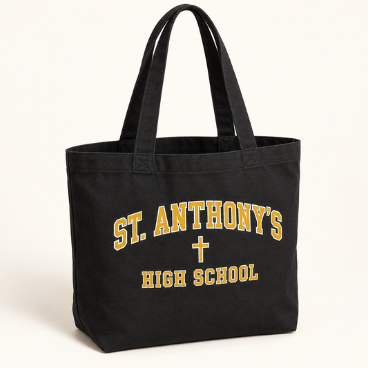 St. Anthony's High School Collegiate Cross Canvas Tote Bag in Black, gold collegiate design