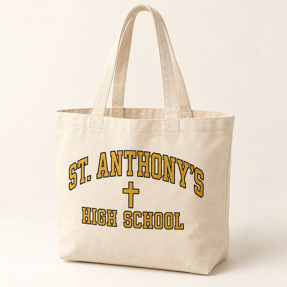 St. Anthony's High School Collegiate Cross Canvas Tote Bag in Natural, gold collegiate design