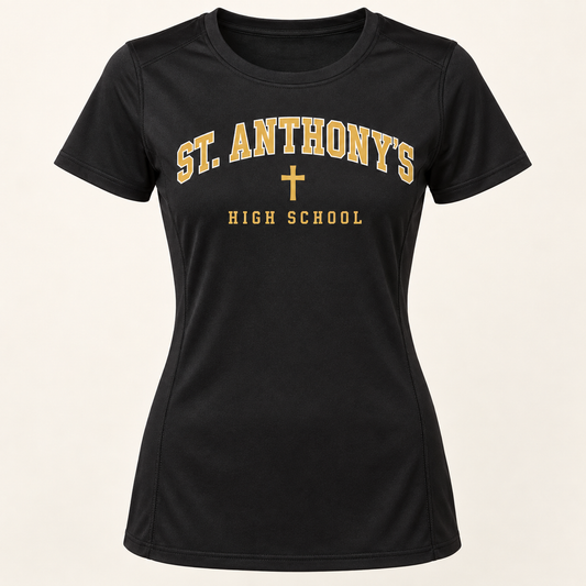St. Anthony's High School Women's Collegiate Performance T-Shirt in Black, gold collegiate design