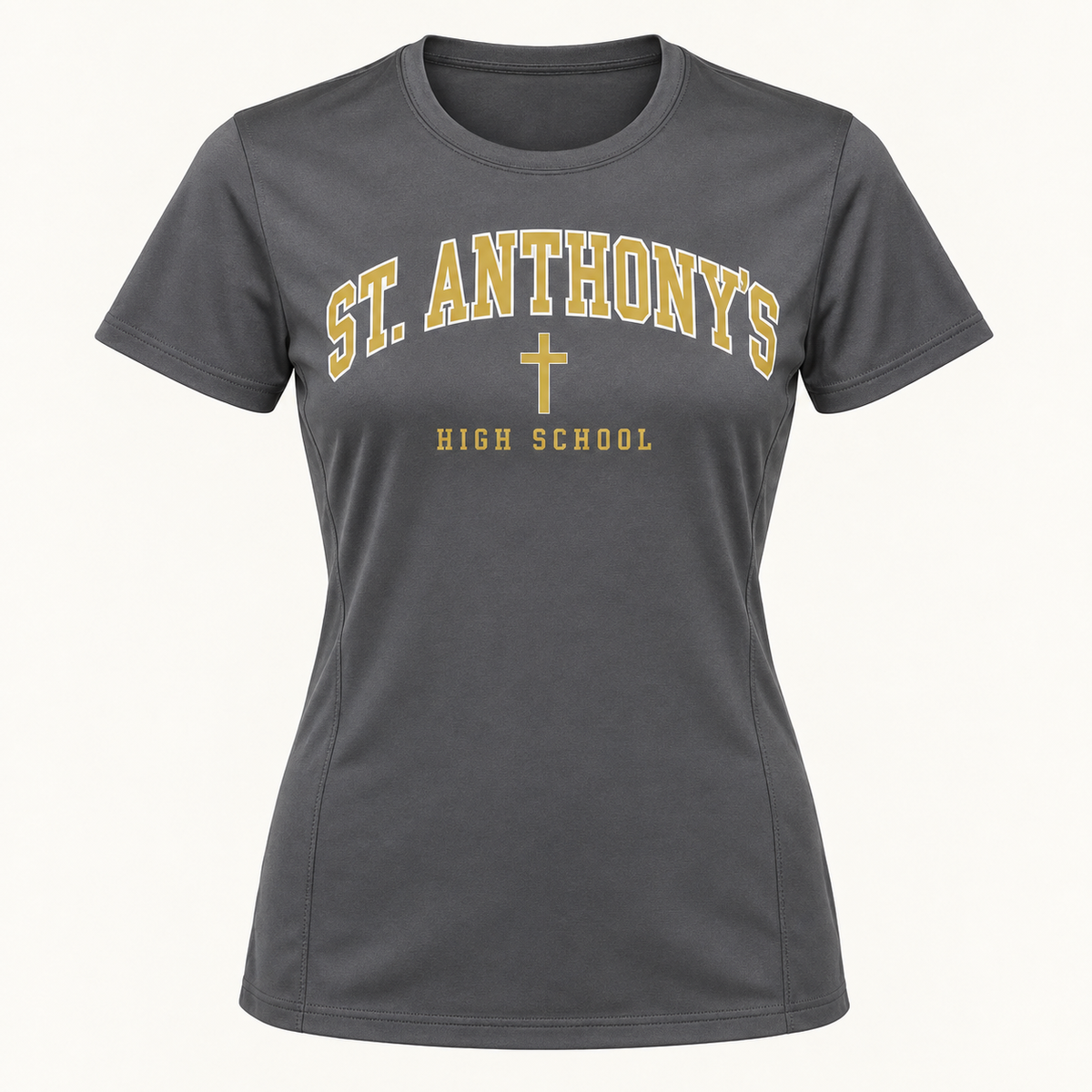 St. Anthony's High School Women's Collegiate Performance T-Shirt in Iron Gray, gold collegiate design