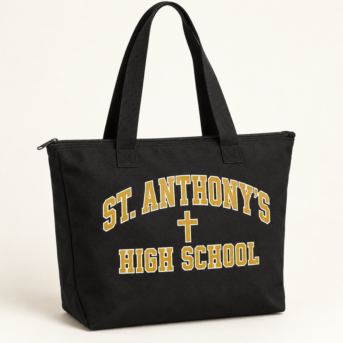 St. Anthony's High School Collegiate Zippered Tote Bag in Black, gold collegiate design