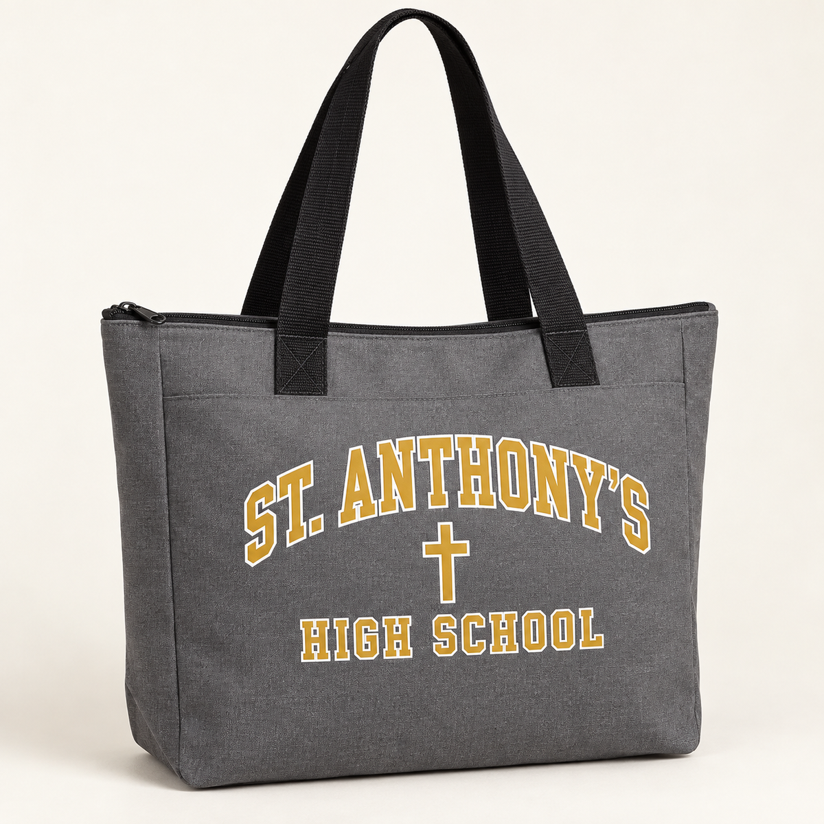 St. Anthony's High School Collegiate Zippered Tote Bag in Gray, gold collegiate design