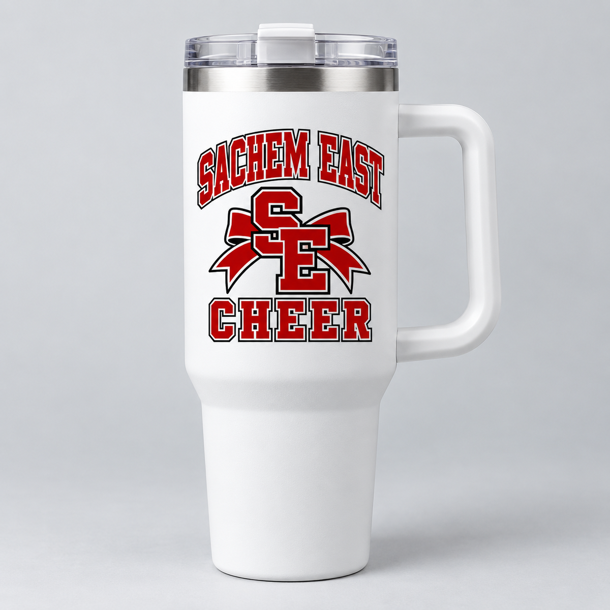Sachem East Cheer Campus Crest Handled Tumbler product mockup