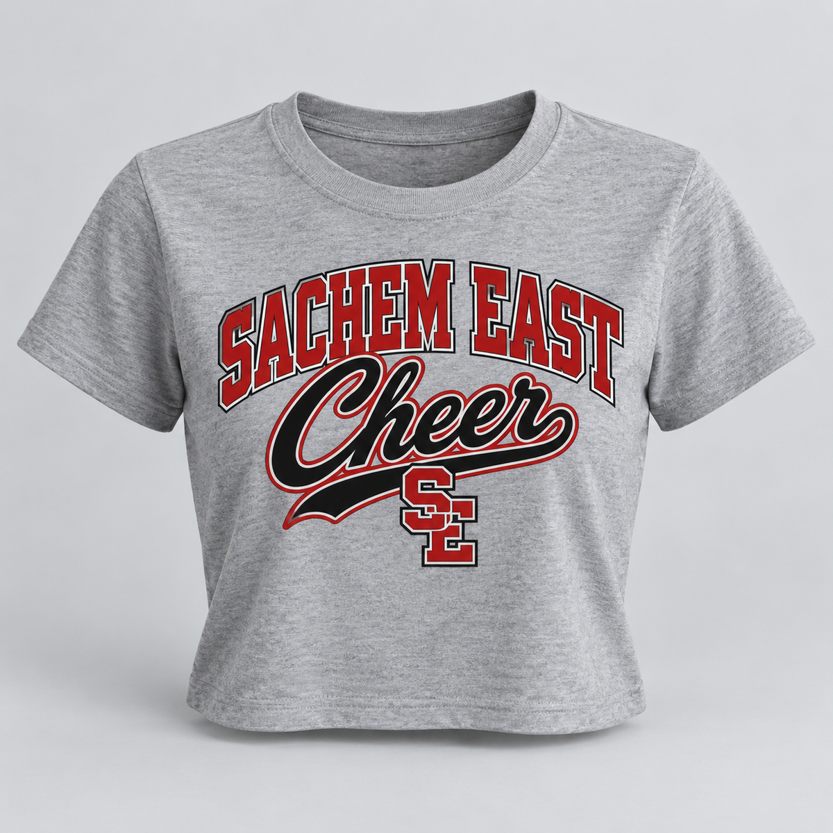 Sachem East Cheer Campus Script Women's Crop T-Shirt product mockup