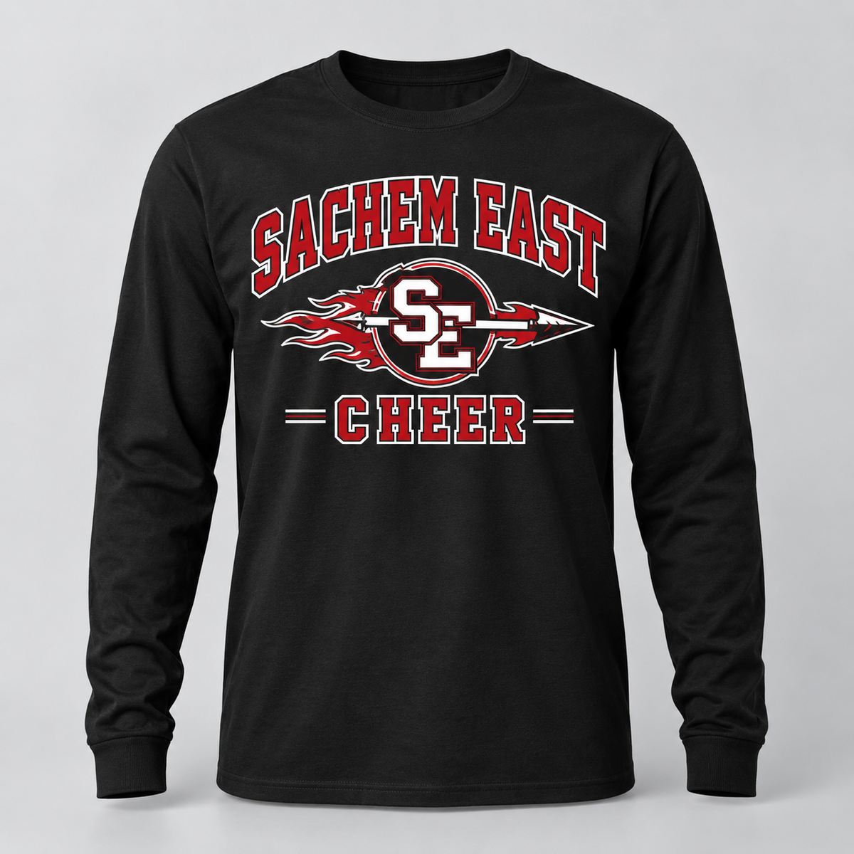 Sachem East Cheer Flaming Arrow Crest Long-Sleeve T-Shirt product mockup