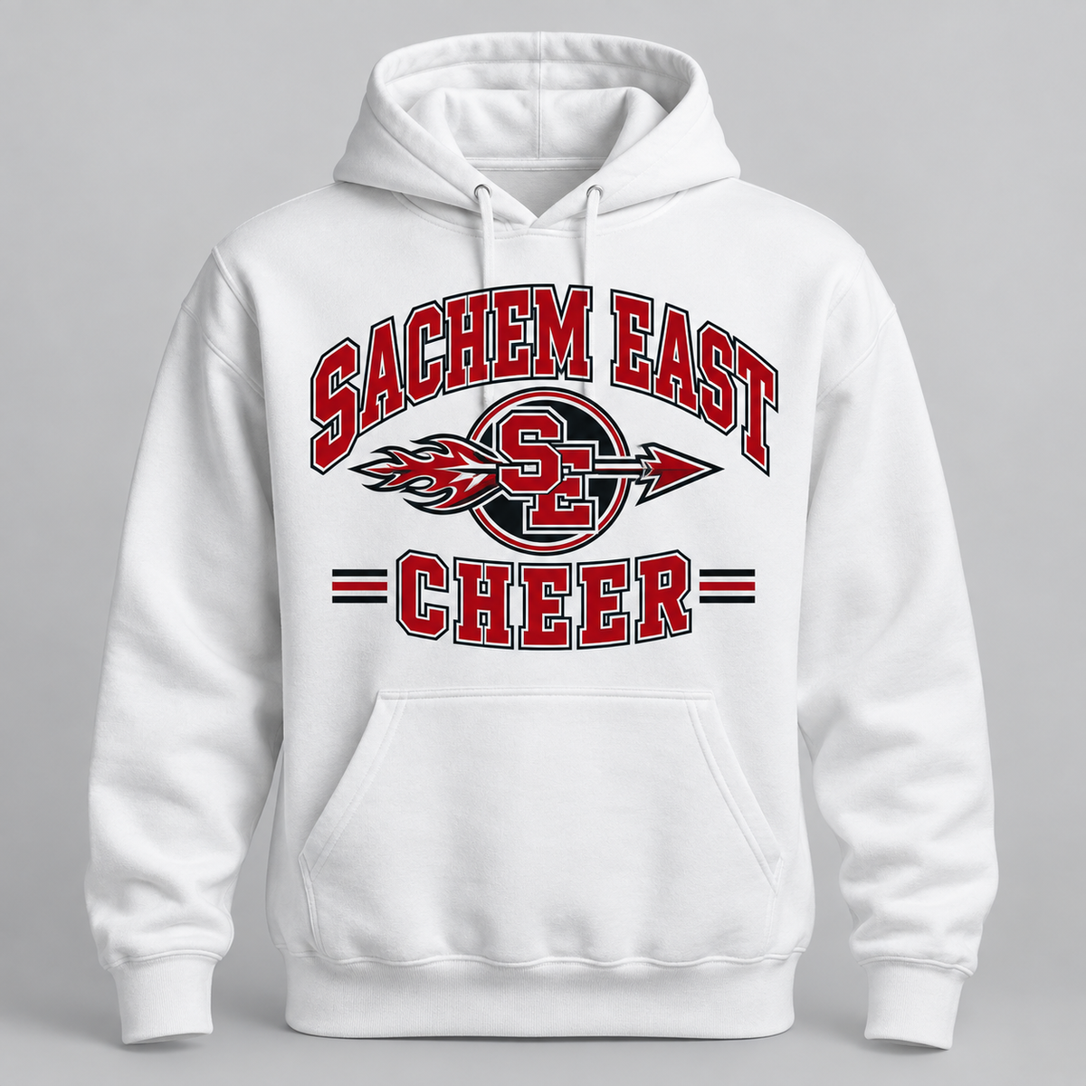 Sachem East Cheer Flaming Arrow Crest Pullover Hoodie product mockup
