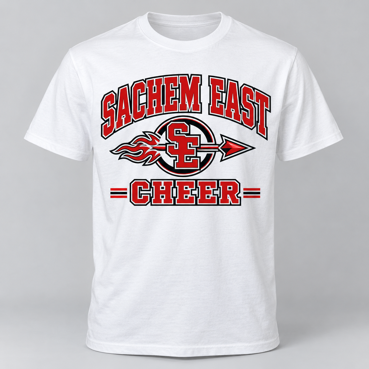 Sachem East Cheer Flaming Arrow Crest Unisex T-Shirt product mockup