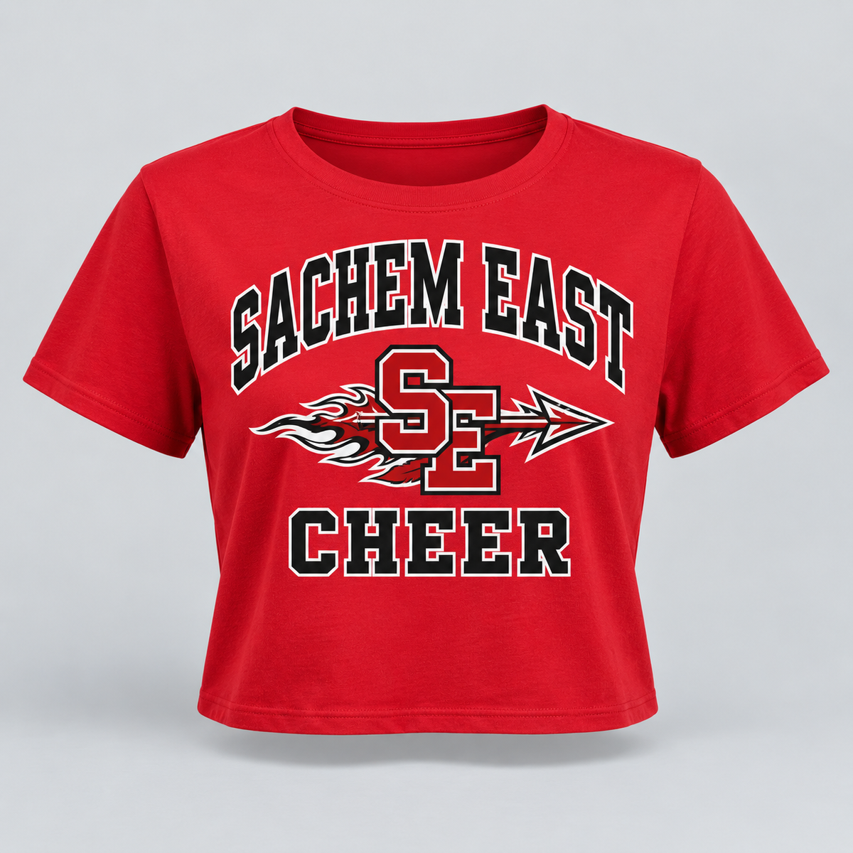 Sachem East Cheer Flaming Arrow Crest Women's Crop T-Shirt product mockup