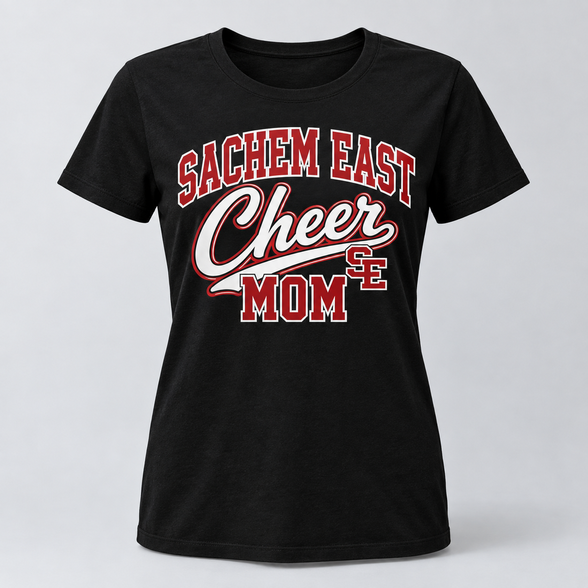 Sachem East Cheer Mom Campus Script T-Shirt product mockup