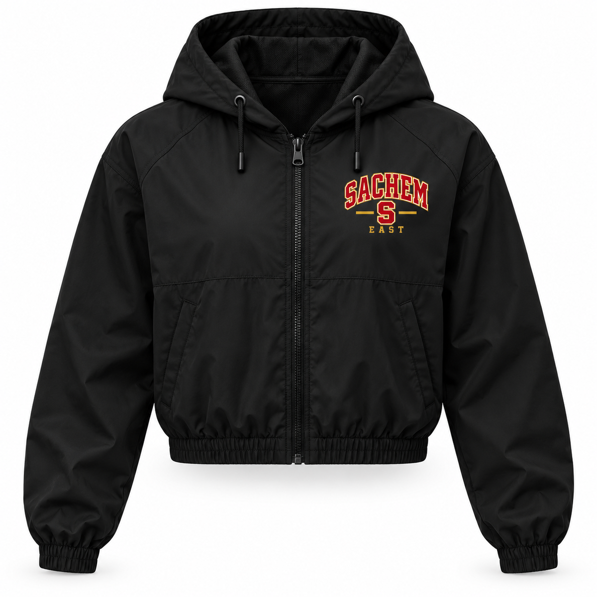 Sachem East Heritage S Crop Windbreaker in Black with collegiate lettering