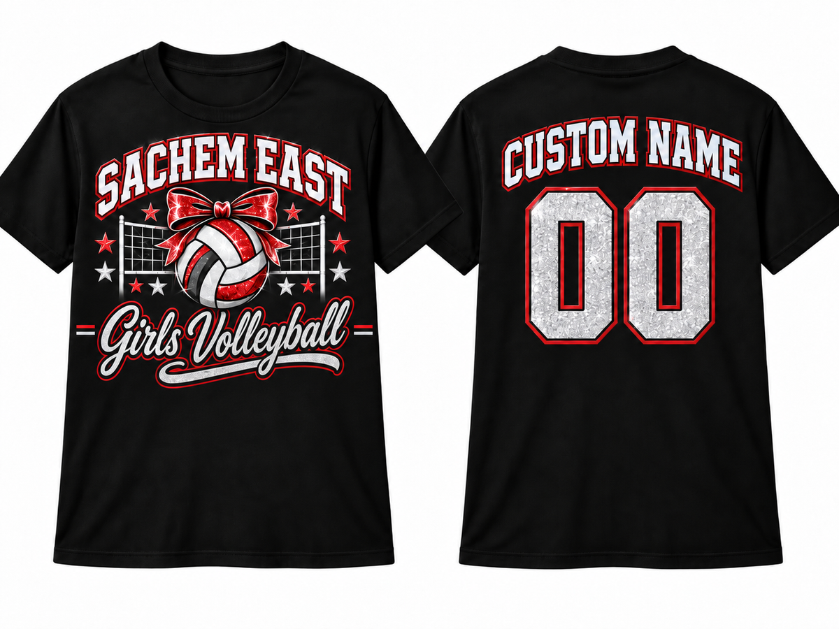Sachem East Girls Volleyball glitter personalized black T-shirt with custom name and number