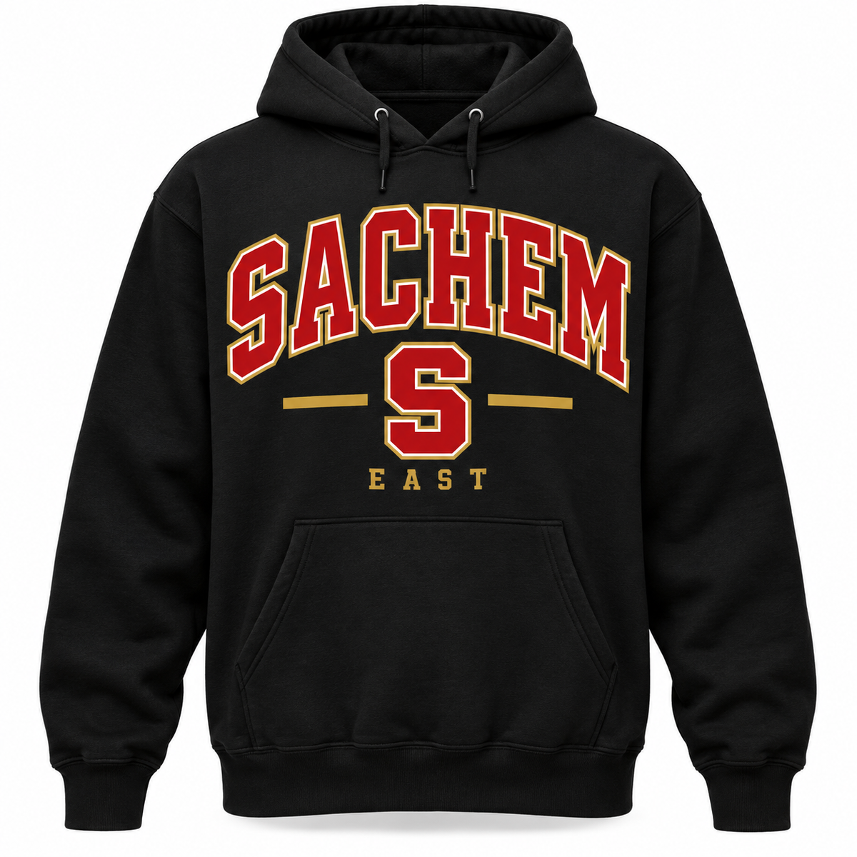 Black Sachem East Heritage S pullover hoodie, red and gold collegiate print