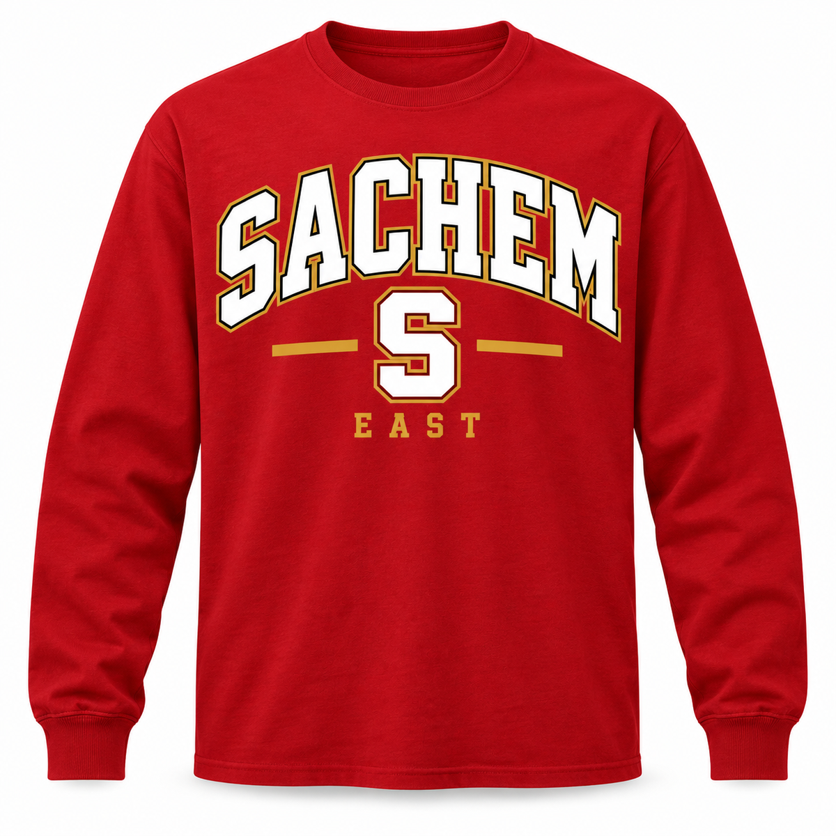 Sachem East Heritage S Long-Sleeve Tee in Red with collegiate lettering