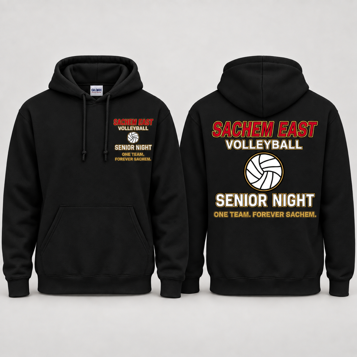 Sachem East Girls Volleyball One Team. Forever Sachem. Senior Night pullover hoodie in Black; front left-chest print and full back print shown side by side.