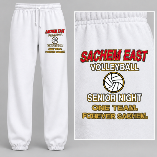 Sachem East Girls Volleyball One Team. Forever Sachem. Senior Night sweatpants in White; full front view with left upper-thigh print and matching artwork close-up.