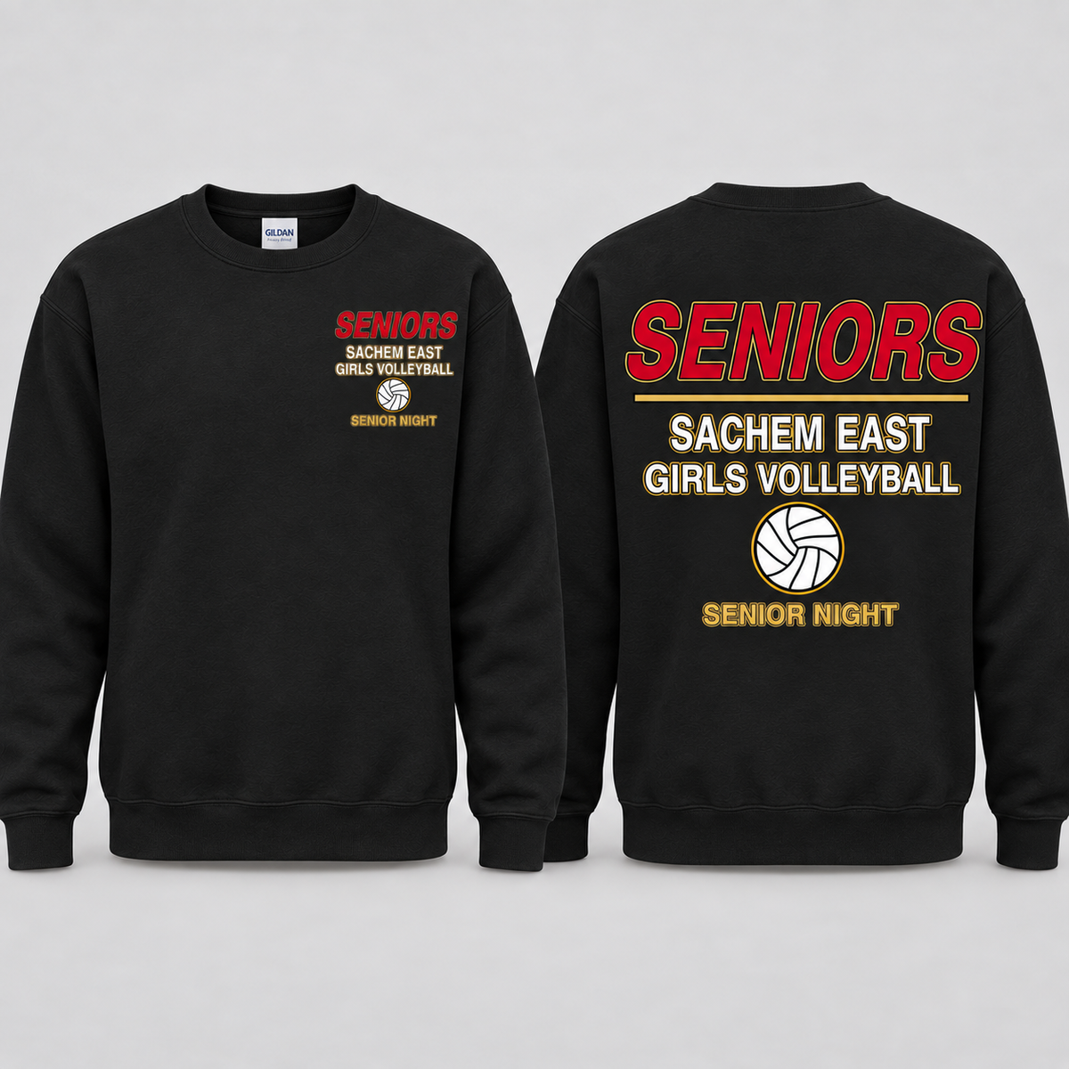 Sachem East Girls Volleyball Seniors Statement Senior Night crewneck sweatshirt in Black; front left-chest print and full back print shown side by side.