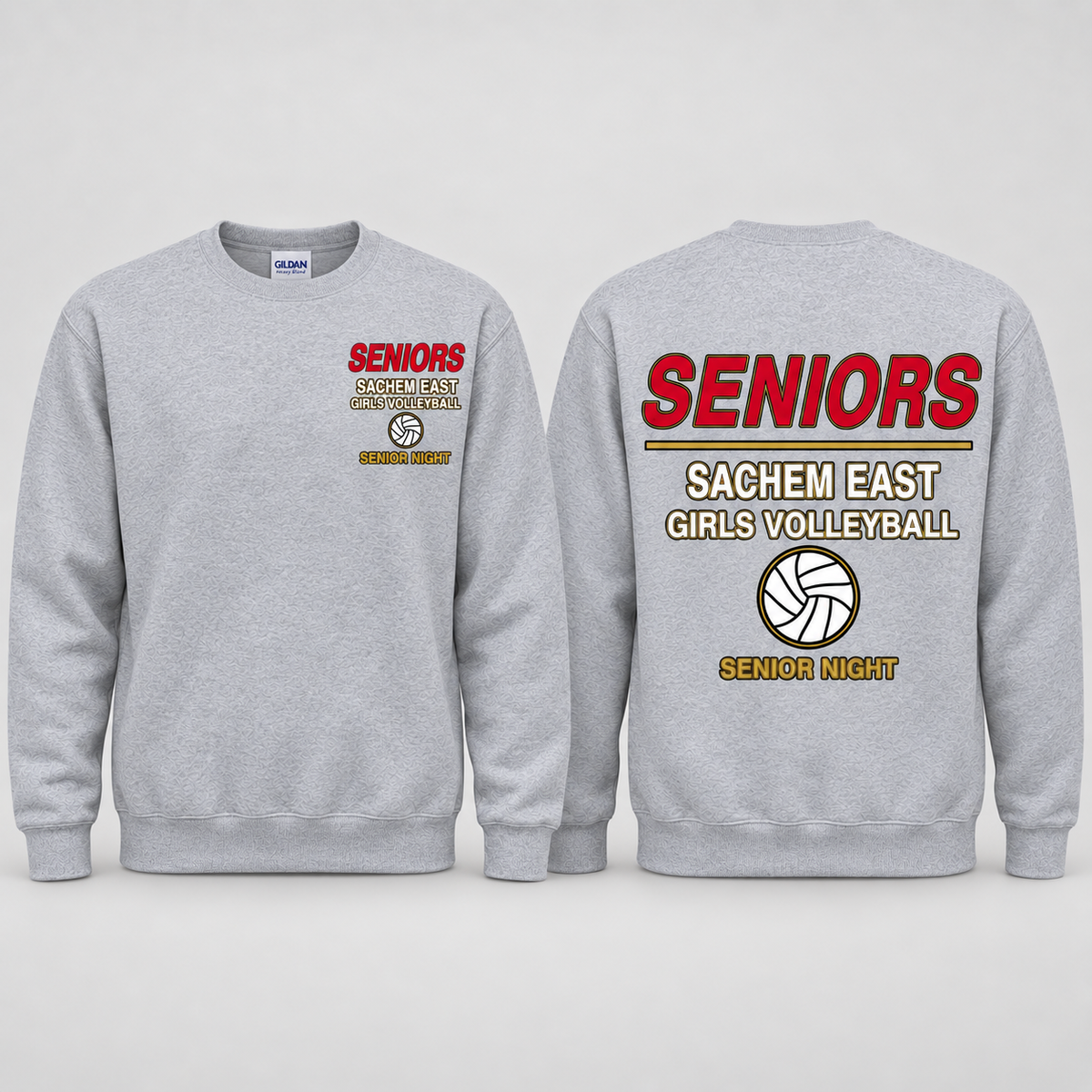 Sachem East Girls Volleyball Seniors Statement Senior Night crewneck sweatshirt in Heather Gray; front left-chest print and full back print shown side by side.
