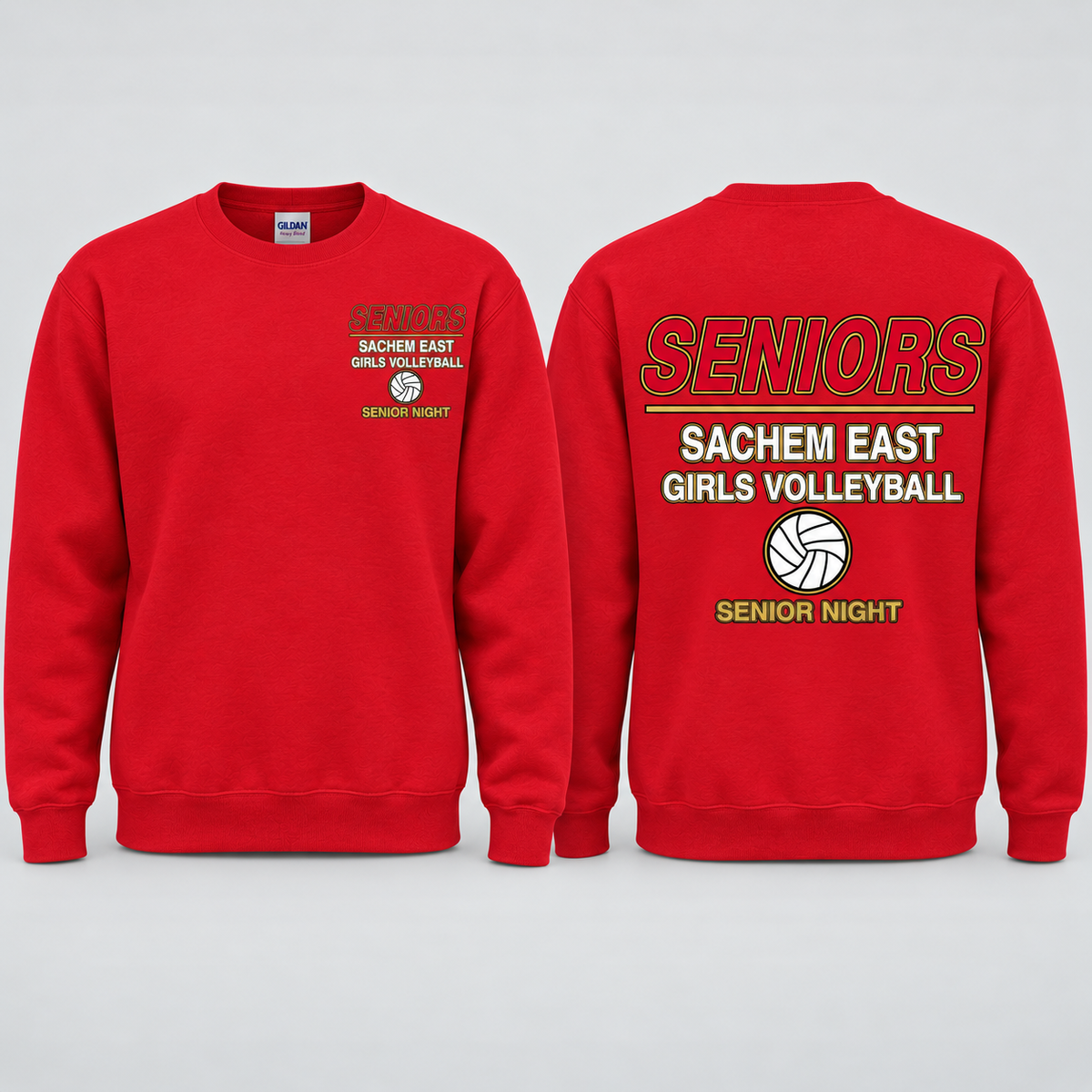 Sachem East Girls Volleyball Seniors Statement Senior Night crewneck sweatshirt in Red; front left-chest print and full back print shown side by side.
