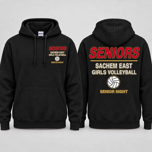 Sachem East Girls Volleyball Seniors Statement pullover hoodie in Black; front left-chest print and full back print shown side by side.