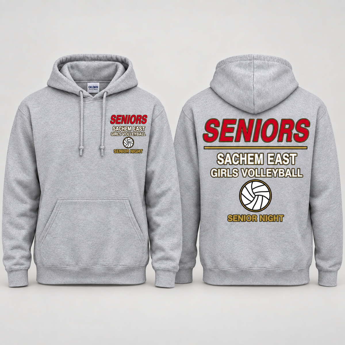 Sachem East Girls Volleyball Seniors Statement pullover hoodie in Heather Gray; front left-chest print and full back print shown side by side.