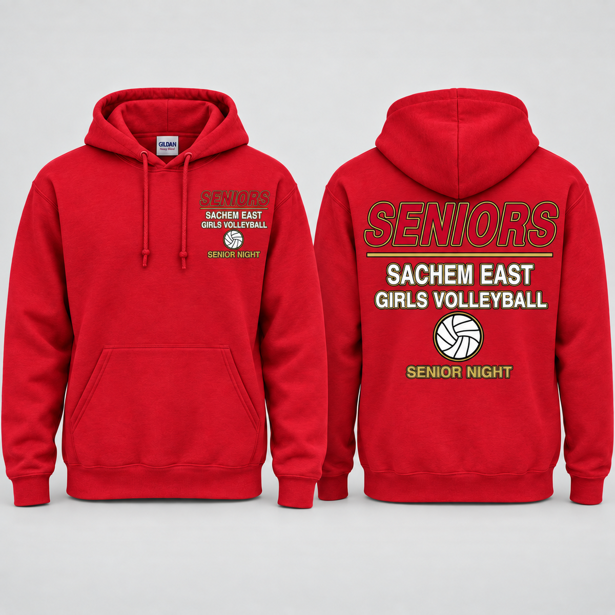 Sachem East Girls Volleyball Seniors Statement pullover hoodie in Red; front left-chest print and full back print shown side by side.