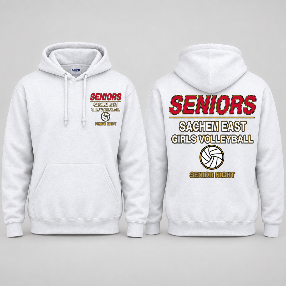 Sachem East Girls Volleyball Seniors Statement pullover hoodie in White; front left-chest print and full back print shown side by side.