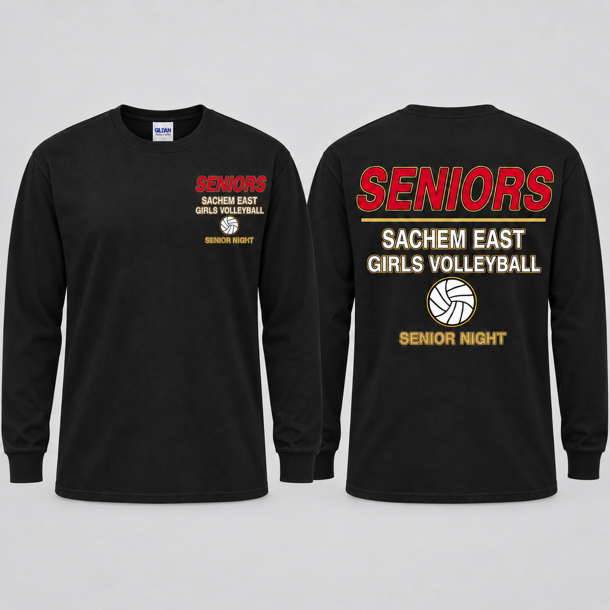 Sachem East Girls Volleyball Seniors Statement Senior Night long-sleeve T-shirt in Black; front left-chest print and full back print shown side by side.