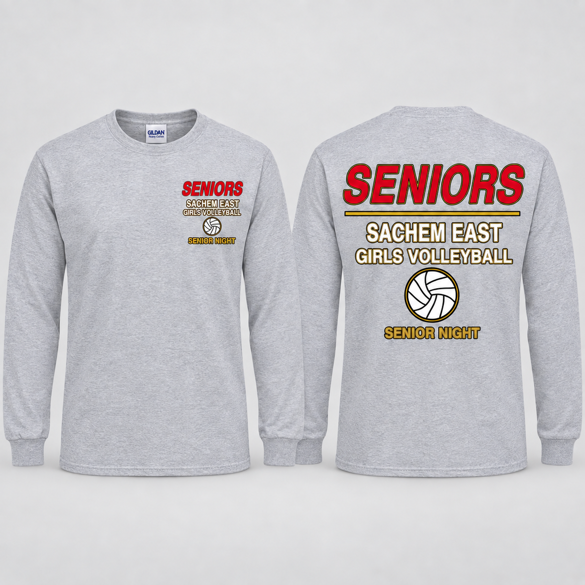 Sachem East Girls Volleyball Seniors Statement Senior Night long-sleeve T-shirt in Heather Gray; front left-chest print and full back print shown side by side.