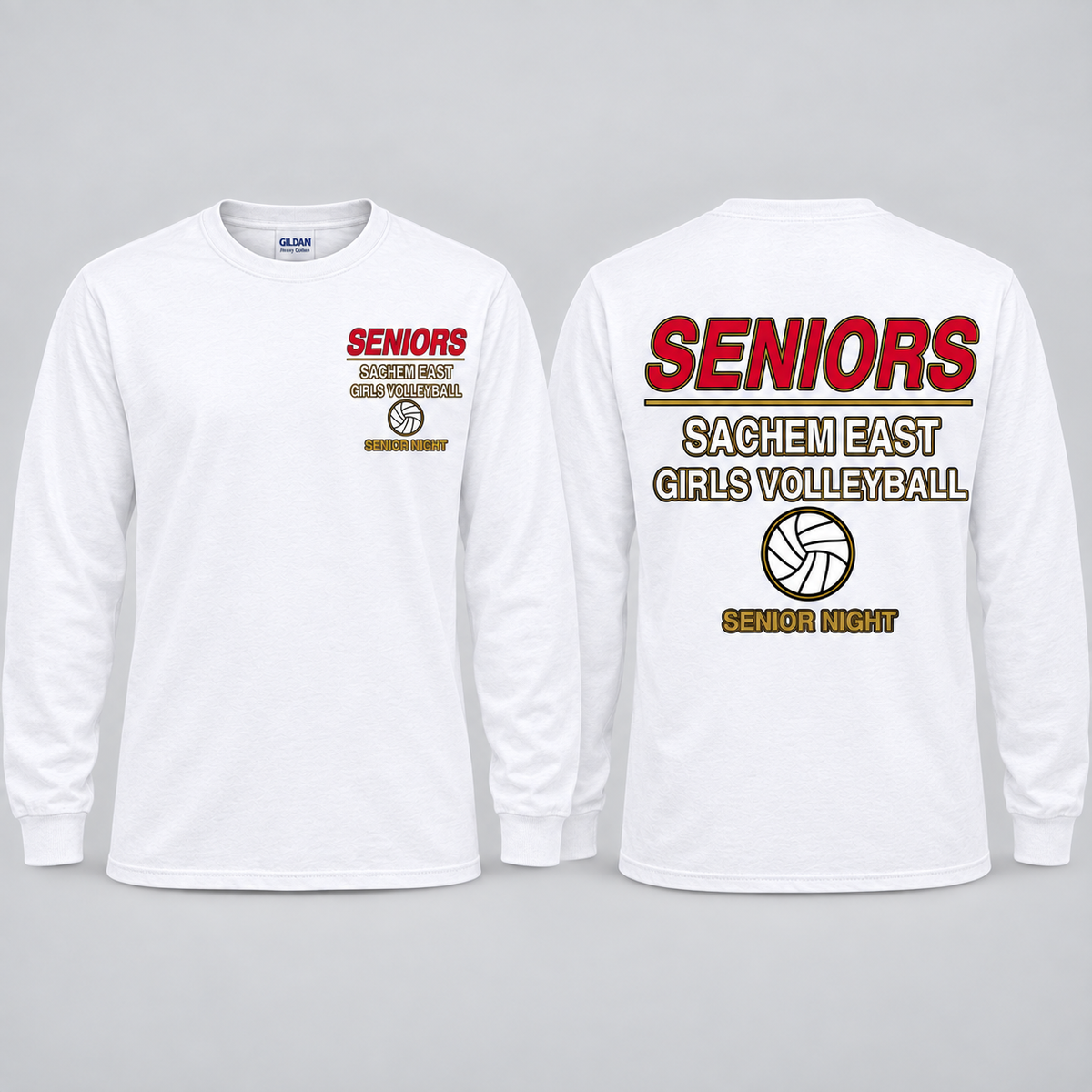 Sachem East Girls Volleyball Seniors Statement Senior Night long-sleeve T-shirt in White; front left-chest print and full back print shown side by side.
