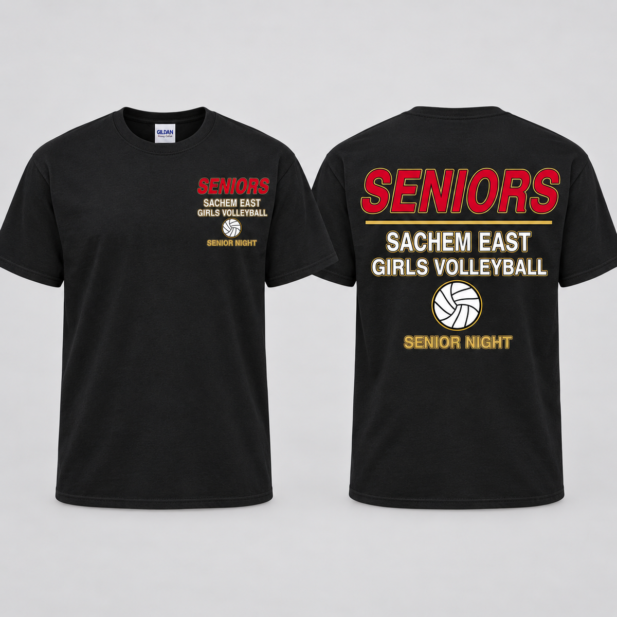 Sachem East Girls Volleyball Seniors Statement Senior Night short-sleeve T-shirt in Black; front left-chest print and full back print shown side by side.