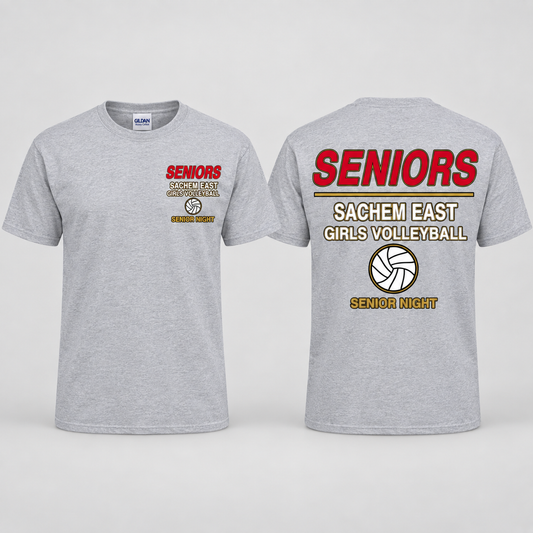 Sachem East Girls Volleyball Seniors Statement Senior Night short-sleeve T-shirt in Heather Gray; front left-chest print and full back print shown side by side.