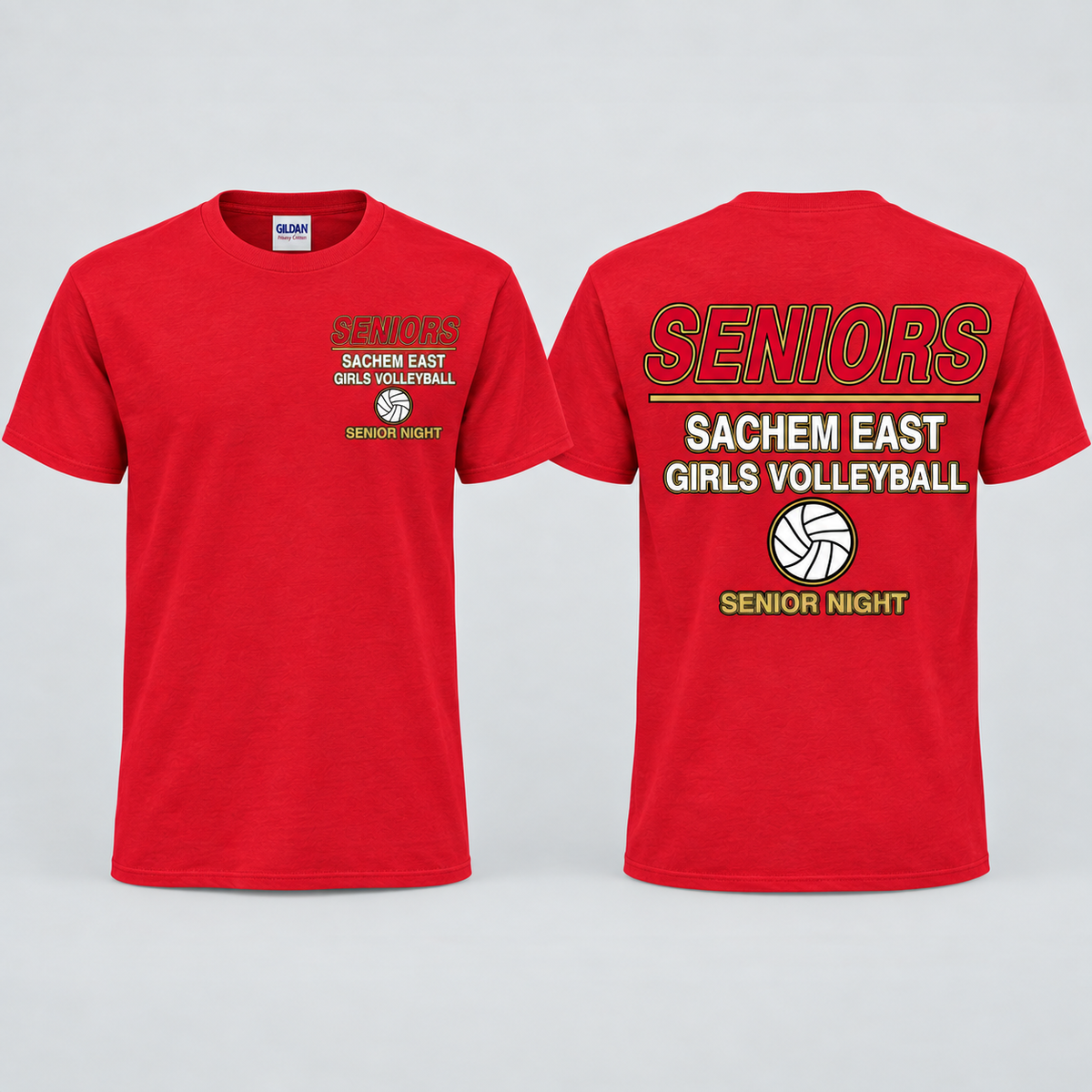 Sachem East Girls Volleyball Seniors Statement Senior Night short-sleeve T-shirt in Red; front left-chest print and full back print shown side by side.