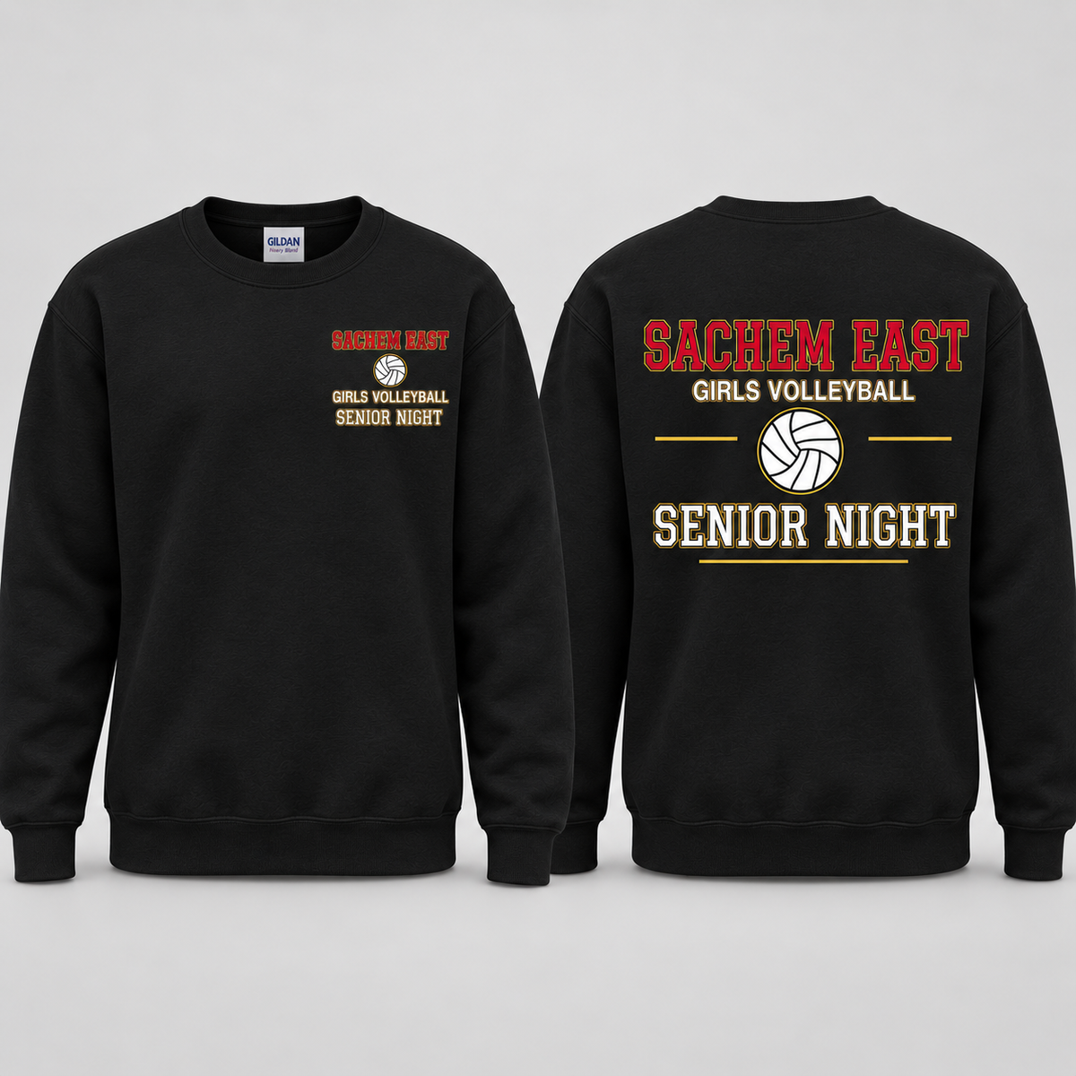 Sachem East Girls Volleyball Varsity Senior Night crewneck sweatshirt in Black; front left-chest print and full back print shown side by side.