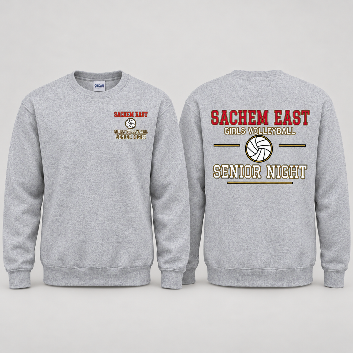 Sachem East Girls Volleyball Varsity Senior Night crewneck sweatshirt in Heather Gray; front left-chest print and full back print shown side by side.