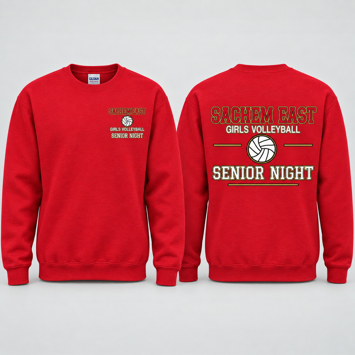 Sachem East Girls Volleyball Varsity Senior Night crewneck sweatshirt in Red; front left-chest print and full back print shown side by side.