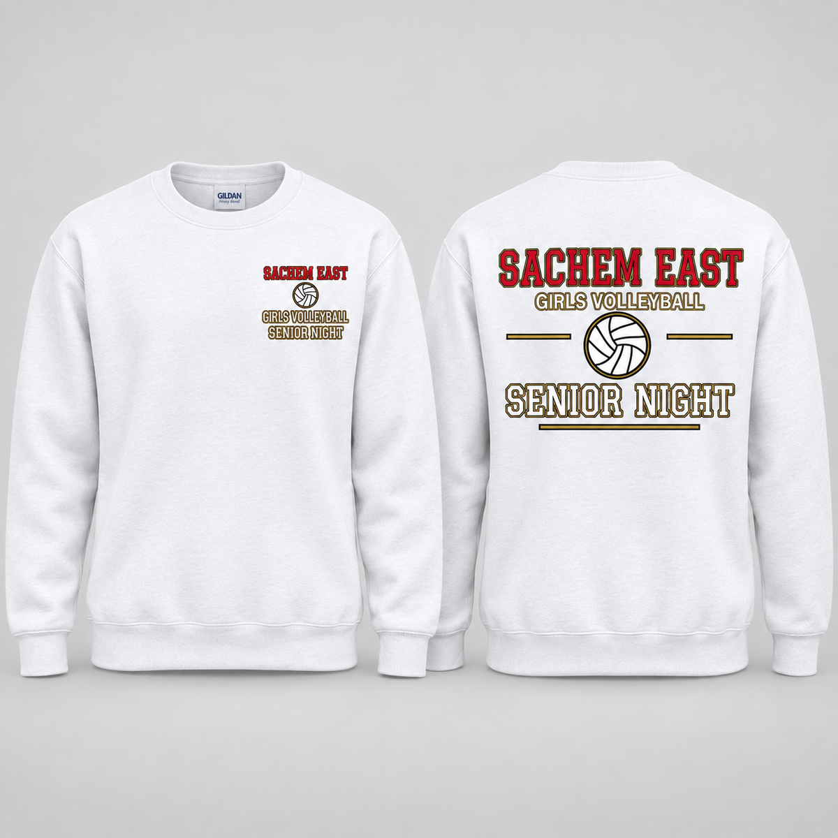 Sachem East Girls Volleyball Varsity Senior Night crewneck sweatshirt in White; front left-chest print and full back print shown side by side.