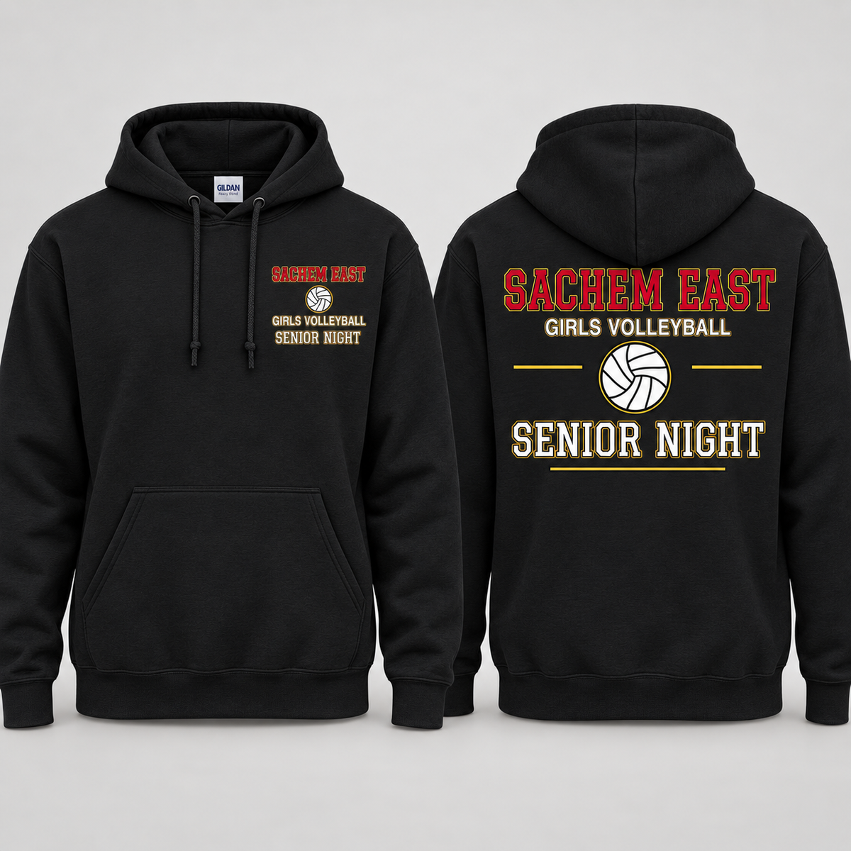 Sachem East Girls Volleyball Varsity Senior Night pullover hoodie in black; front left-chest print and full back print shown side by side.