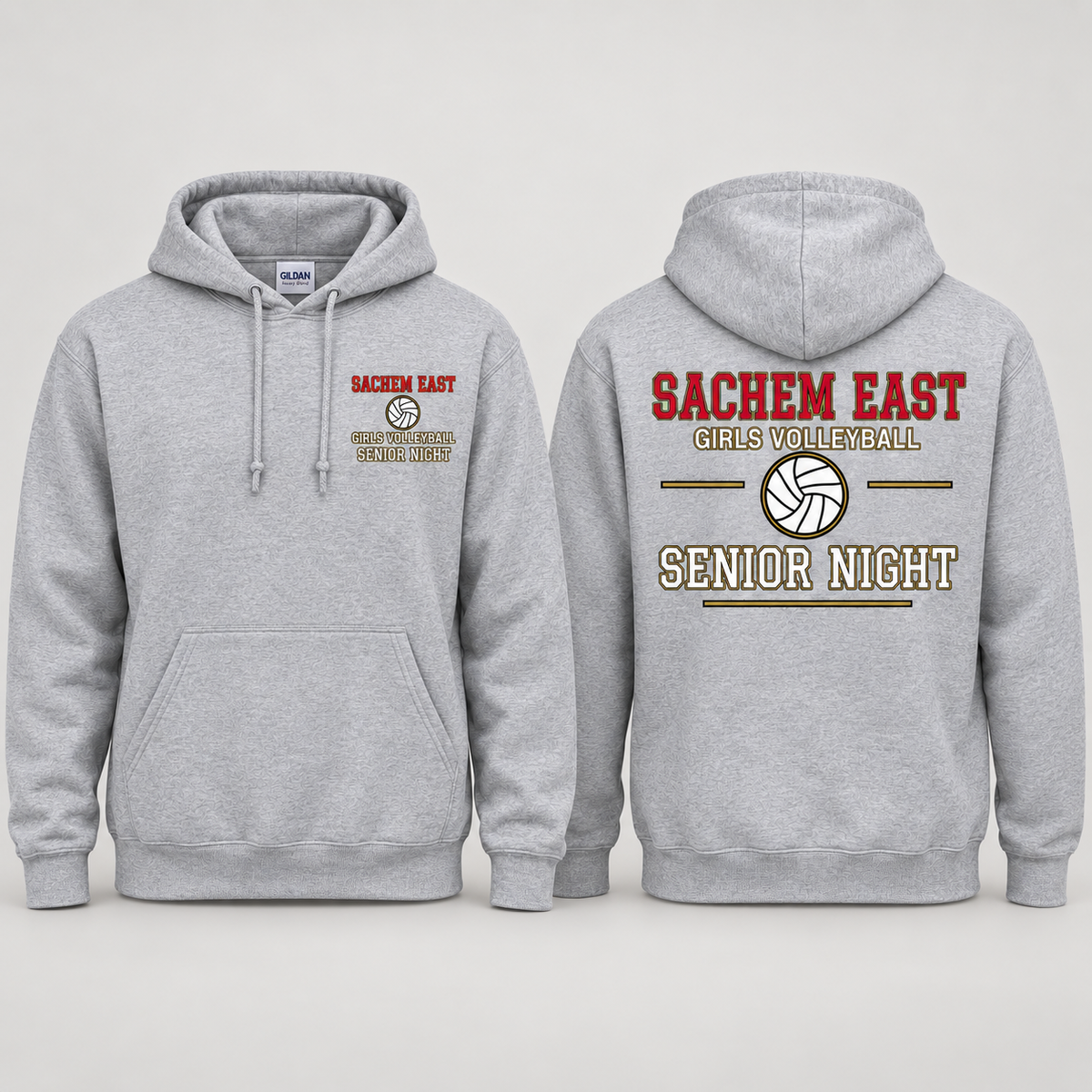 Sachem East Girls Volleyball Varsity Senior Night pullover hoodie in Heather Gray (Sport Grey); front left-chest print and full back print shown side by side.