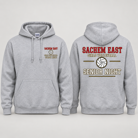 Sachem East Girls Volleyball Varsity Senior Night pullover hoodie in Heather Gray (Sport Grey); front left-chest print and full back print shown side by side.
