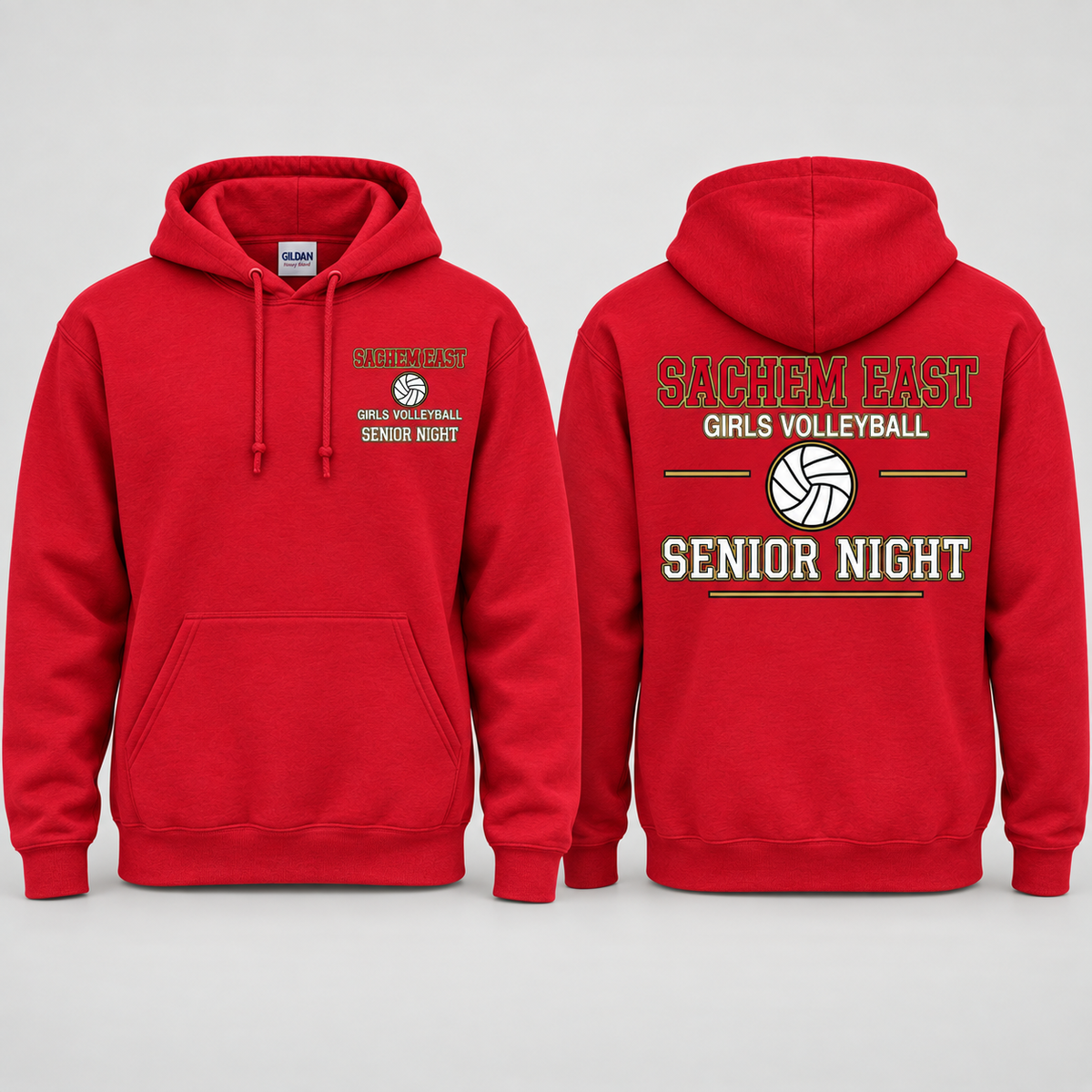Sachem East Girls Volleyball Varsity Senior Night pullover hoodie in red; front left-chest print and full back print shown side by side.