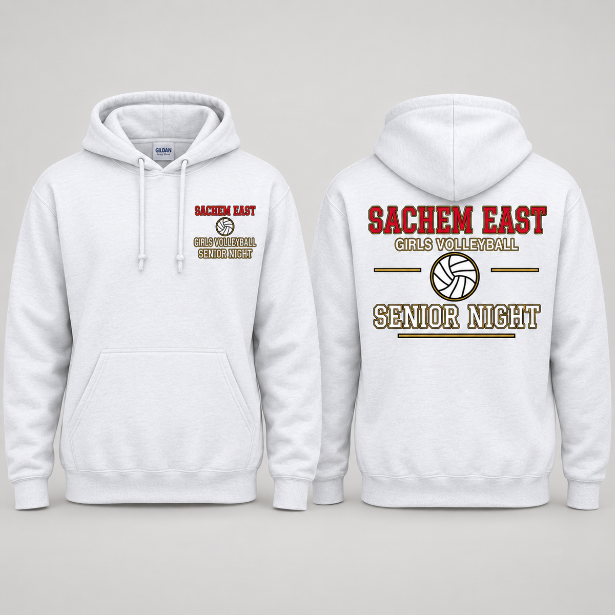 Sachem East Girls Volleyball Varsity Senior Night pullover hoodie in white; front left-chest print and full back print shown side by side.