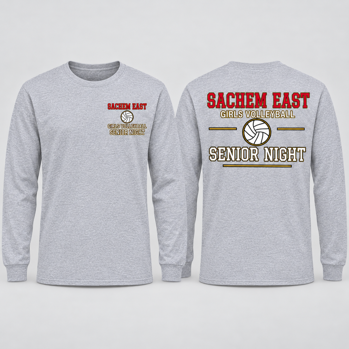 Sachem East Girls Volleyball Varsity Senior Night long-sleeve t-shirt in Heather Gray; front left-chest print and full back print shown side by side.