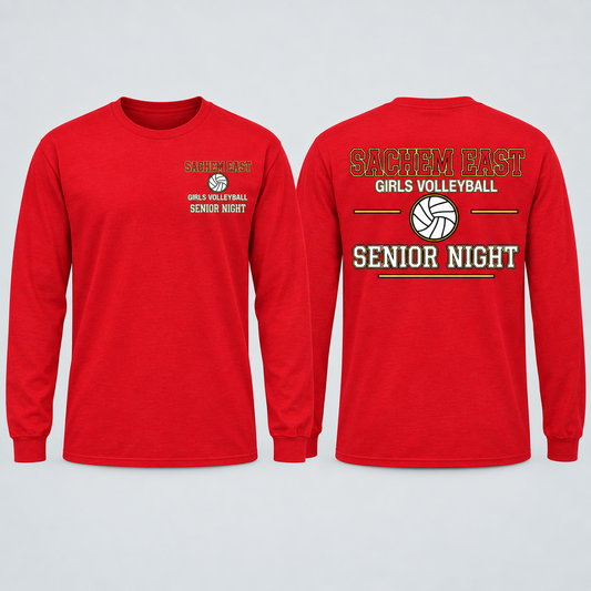 Sachem East Girls Volleyball Varsity Senior Night long-sleeve t-shirt in Red; front left-chest print and full back print shown side by side.