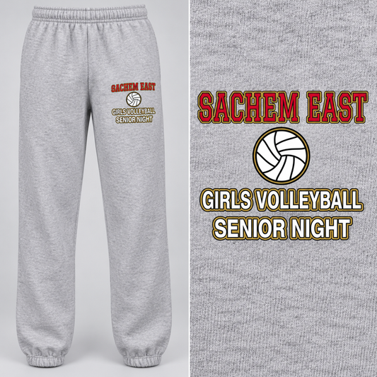 Sachem East Girls Volleyball Varsity Senior Night sweatpants in Heather Gray; full front view with left upper-thigh print and matching artwork close-up.