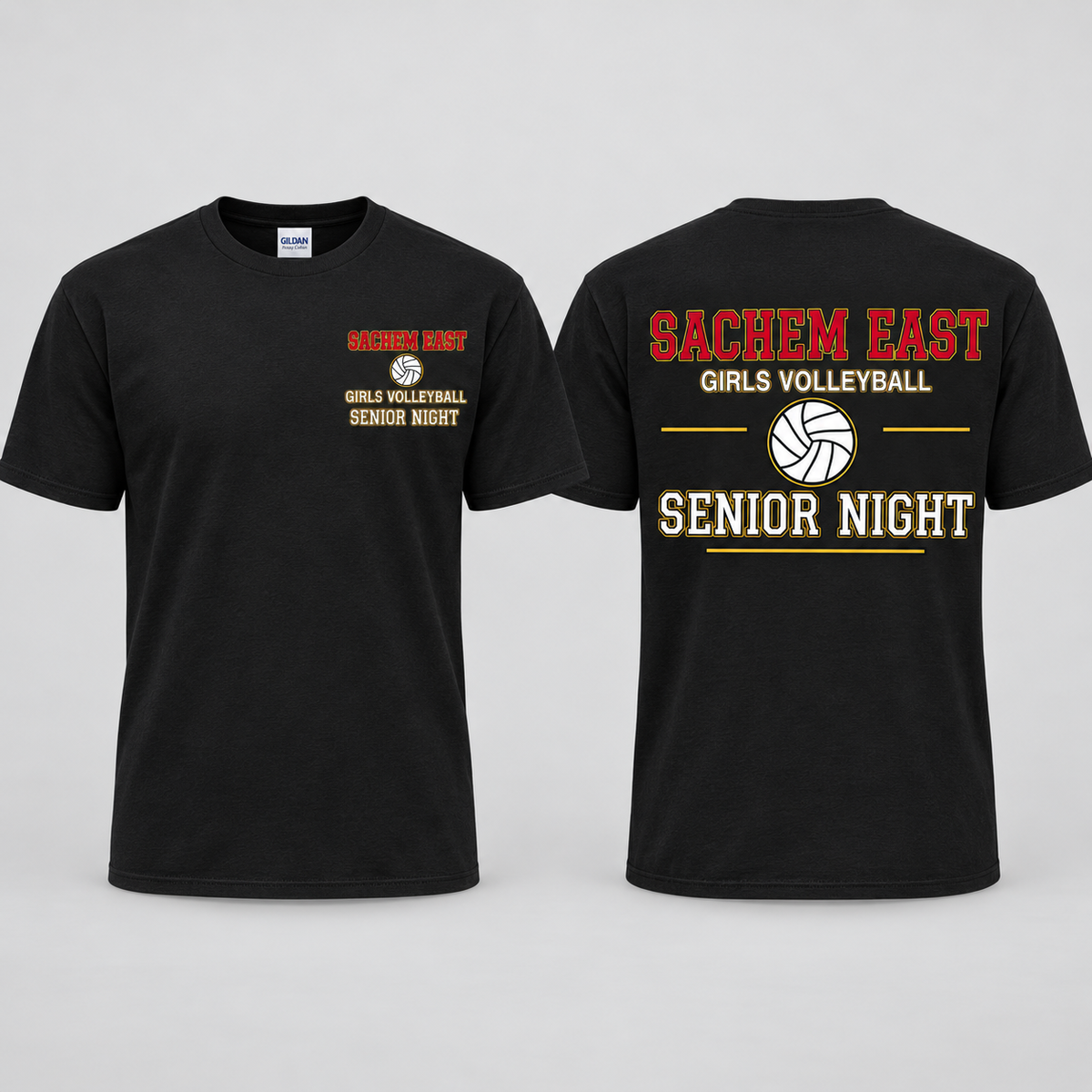 Sachem East Girls Volleyball Varsity Senior Night short-sleeve t-shirt in Black; front left-chest print and full back print shown side by side.