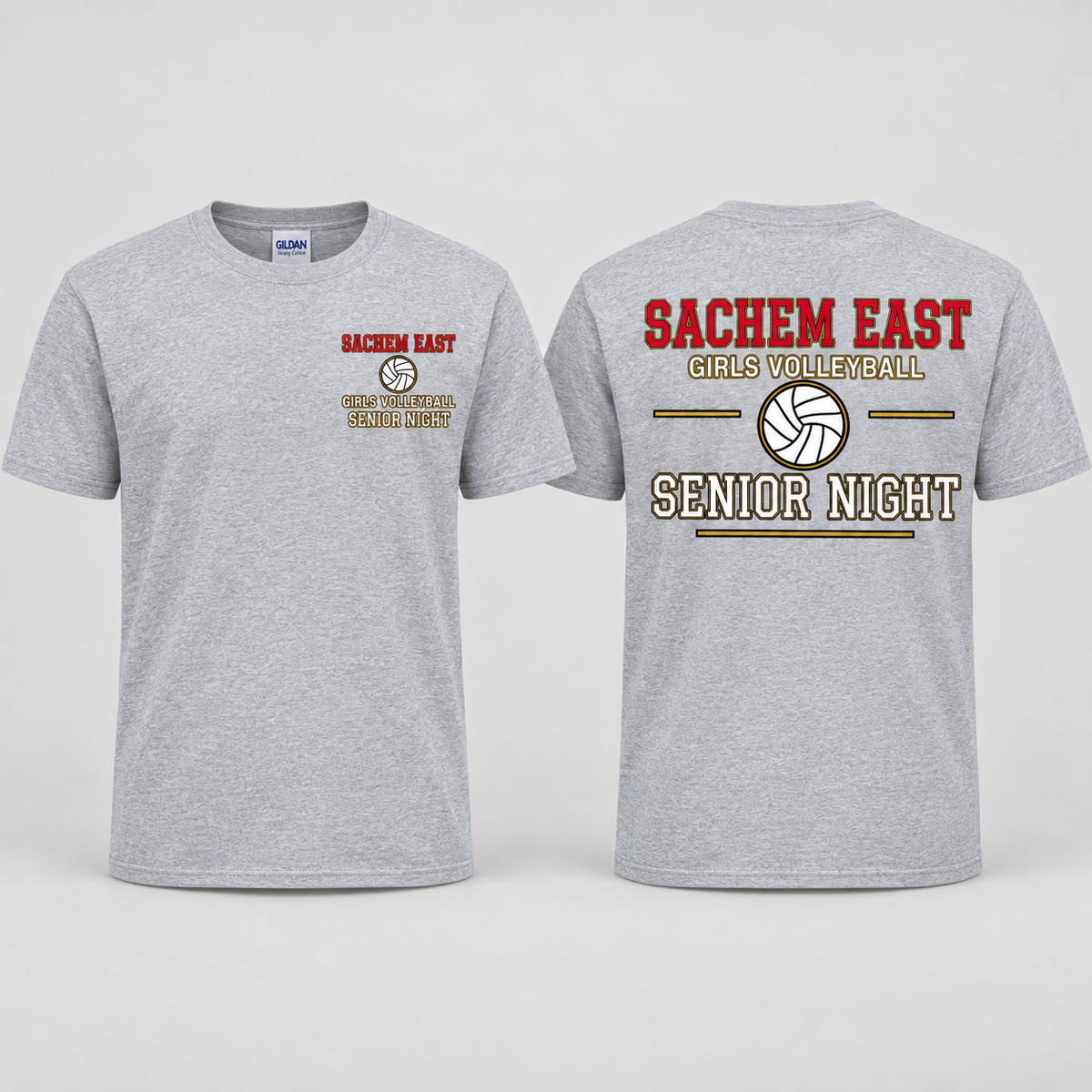 Sachem East Girls Volleyball Varsity Senior Night short-sleeve t-shirt in Heather Gray; front left-chest print and full back print shown side by side.