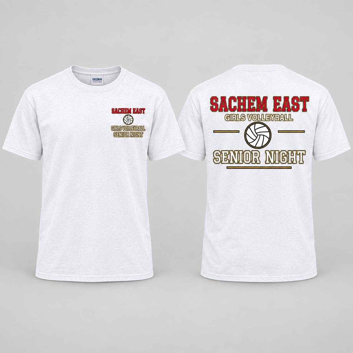 Sachem East Girls Volleyball Varsity Senior Night short-sleeve t-shirt in White; front left-chest print and full back print shown side by side.