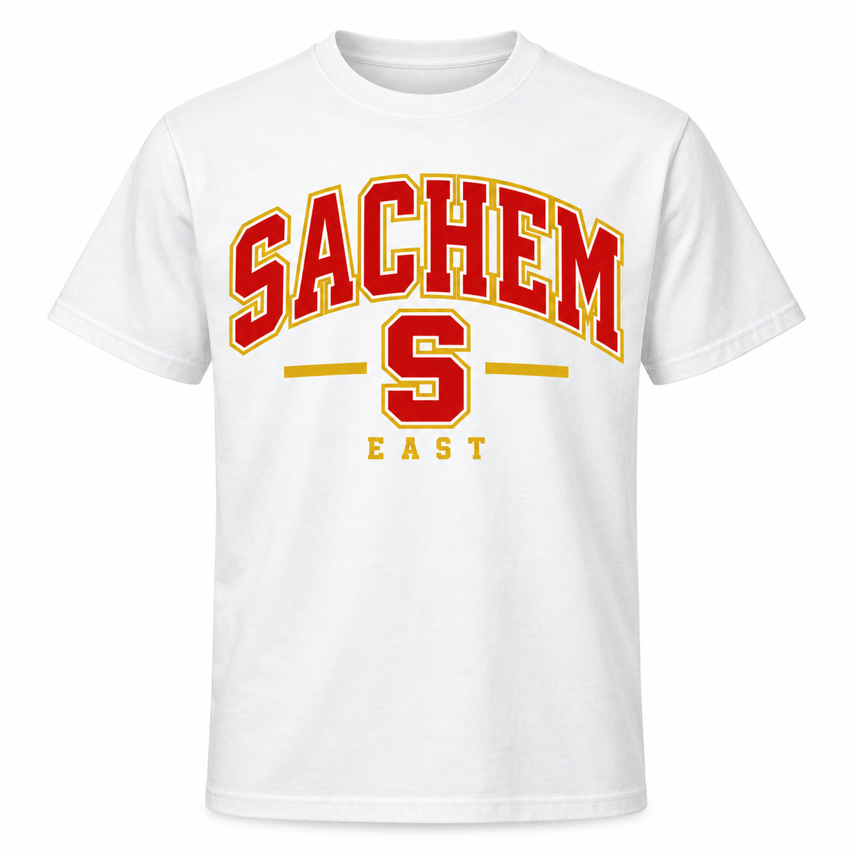 Sachem East Heritage S T-Shirt in White with collegiate lettering