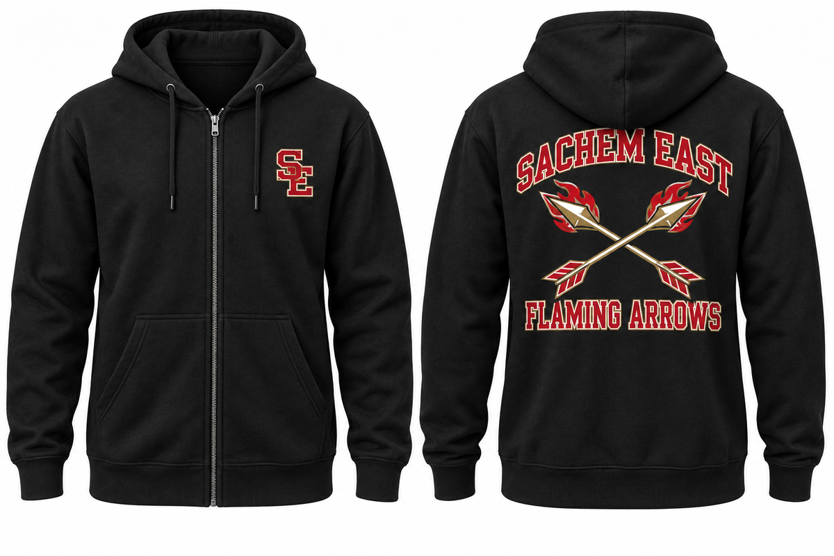Sachem East Varsity Zip-Up Hoodie — Black front and back