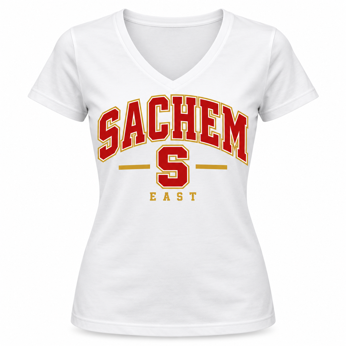Sachem East Heritage S Women's V-Neck Tee in White with collegiate lettering
